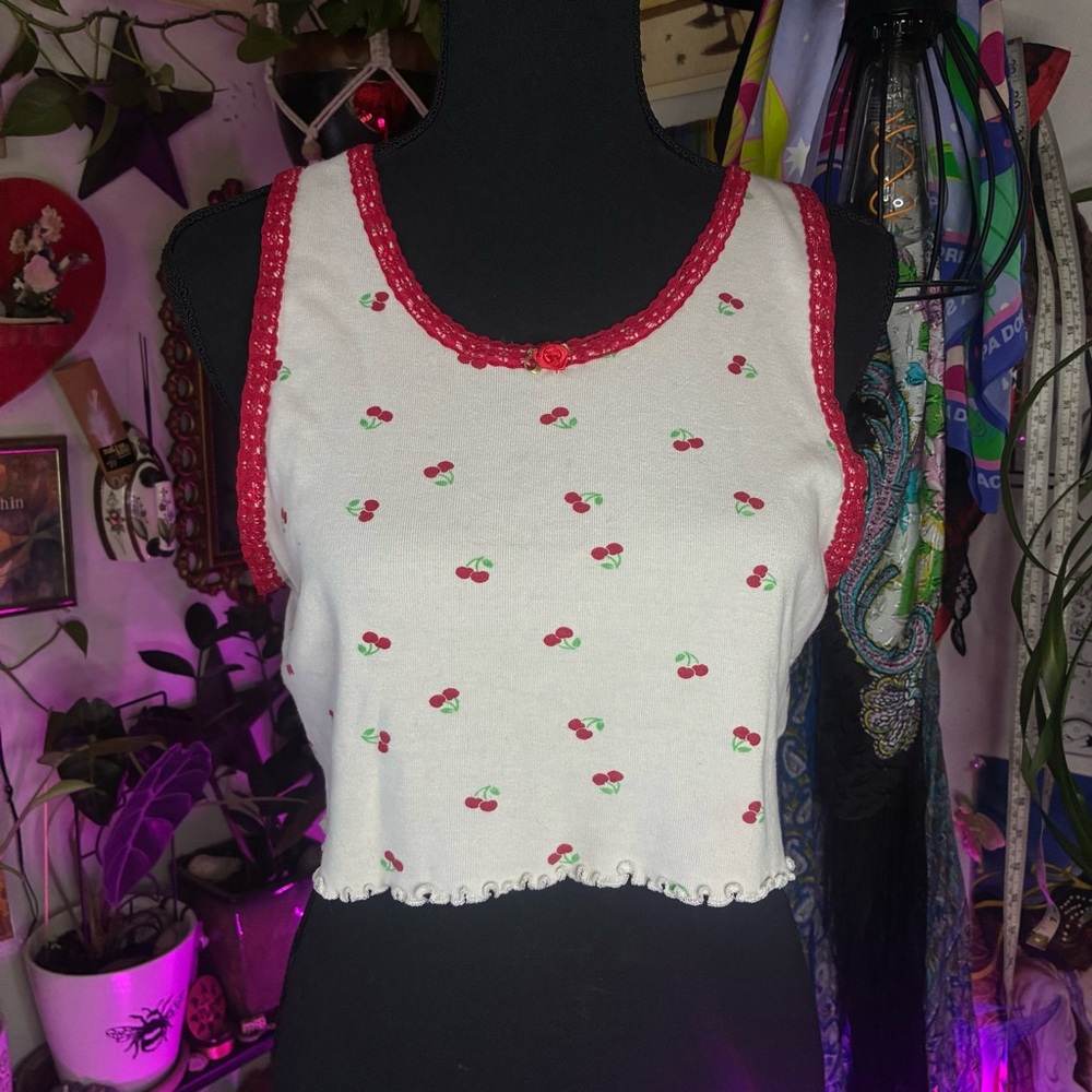White and Red Cherry Print Crop Tank Top